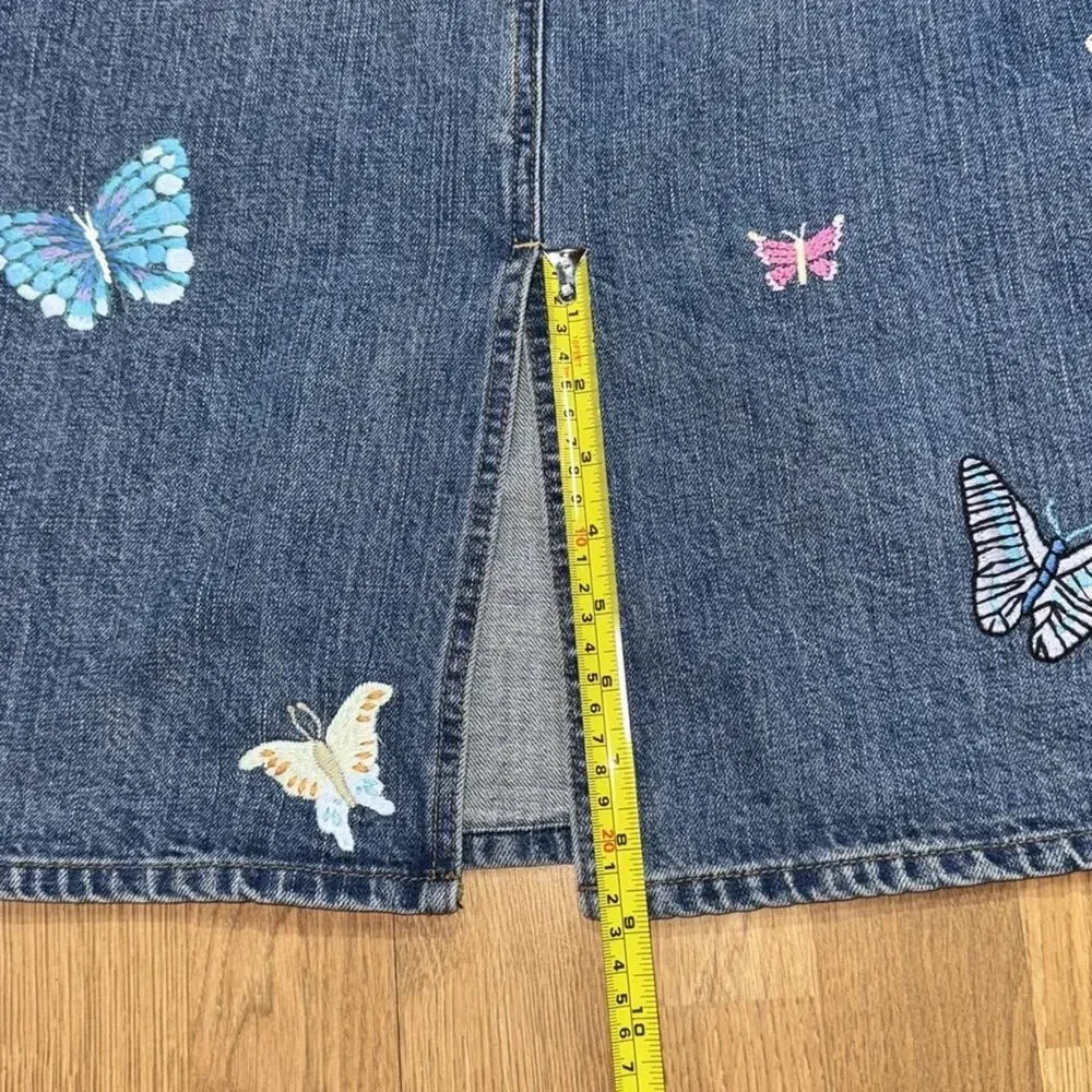 Y2k Gap Jean Skirt 6 Midi Embroidered Butterflies Patches Boho Festival Whimsy - Picture 8 of 16